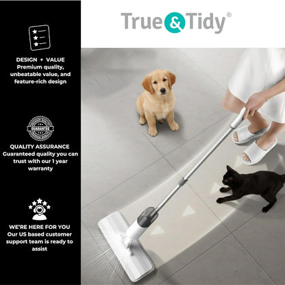 True & Tidy® SPRAY-250 Multi-Surface Spray Mop with 490ml Refillable Water Bottle for Floor Cleaning, Works on Wood, Tile, Marble etc, Use Any Cleaning Solution, Machine Washable Microfiber Mop Pads