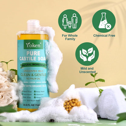 Yoken Castile Soap Liquid EWG Verified(1 Gallon, Unscented) Pure-Castile Liquid Soap for Body, Face, Hand, Pets, Laundry, Dish Soap and More - Made With Organic Oil, Vegan, Clean & Gentle, Versatile
