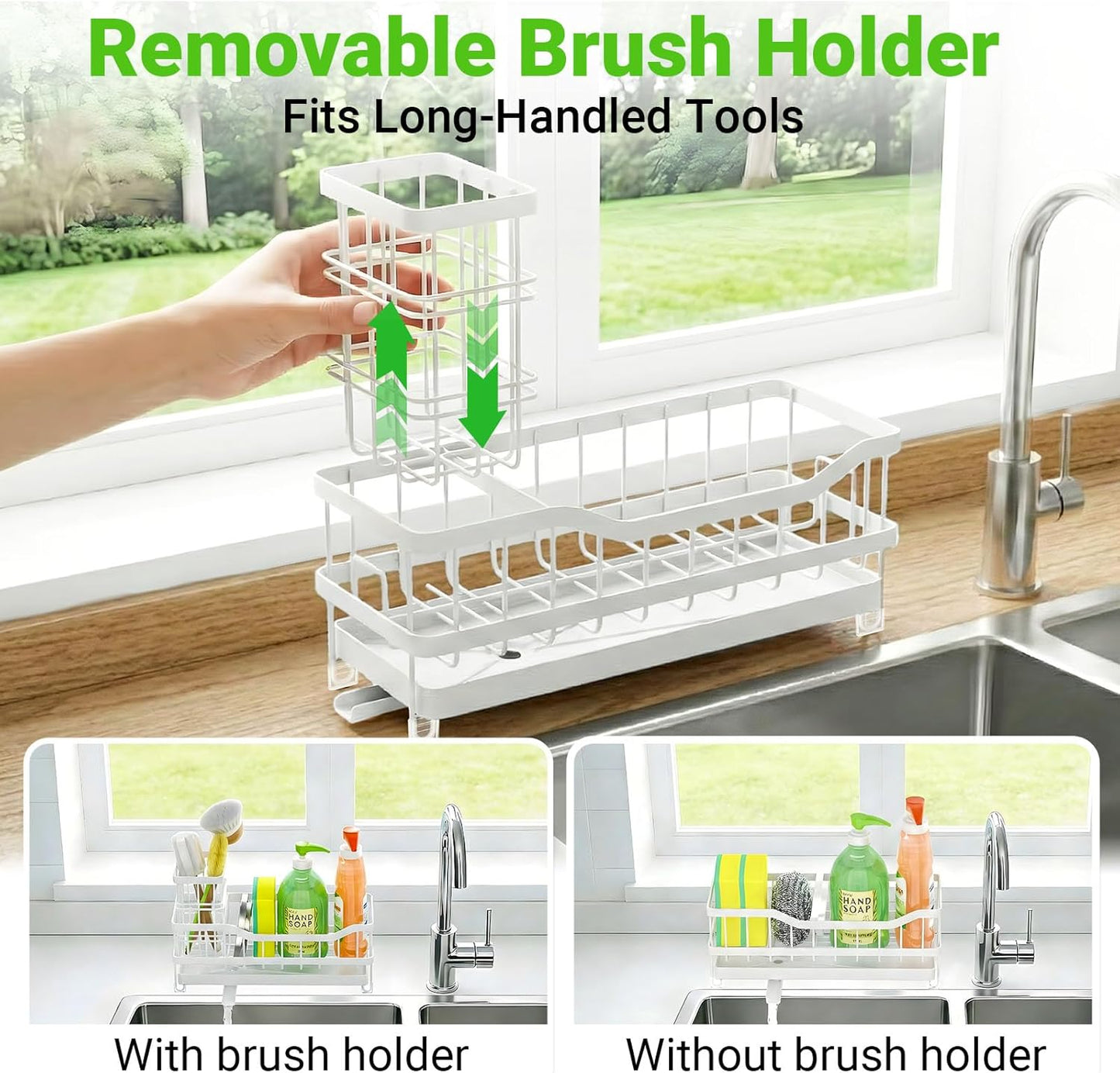 Sponge Holder for Kitchen Sink, Self-Draining Sink Caddy Organizer with Removable Brush Holder, Rustproof Metal Sponge Rack for Countertop, Fits Soap Dispenser & Scrubber, Black