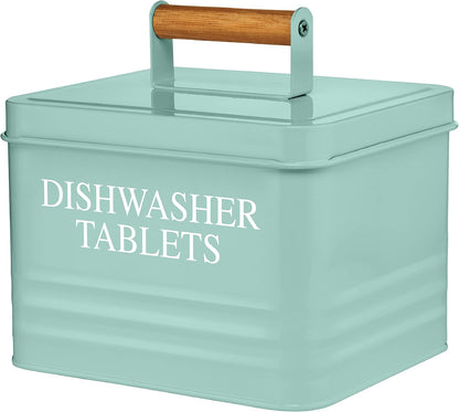 Calindiana Modern Farmhouse Metal Dishwasher Pods Container with Lid for Kitchen Organization and Storage, Kitchen Essentials Decor Accessories, Dishwasher Pods Holder, Mint