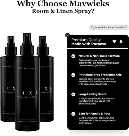 Mavwicks Fragrances - (Luxe) Linen & Room Spray (8oz) – Bedroom & Home Fragrance Mist, Long-Lasting Freshness To Brighten Up Your Space, Fabric & Air Freshener, Aromatherapy Scent Spray