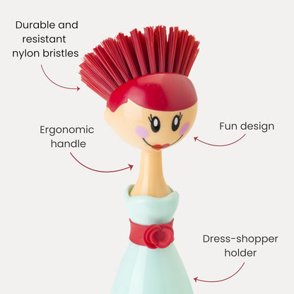 Vigar Dolls Dish Brush with Ergonomic Handle and Dres-shaped Storage Holder - Scrub Brush for Pans, Pots, Kitchen Sink Cleaning, Blue/Pink