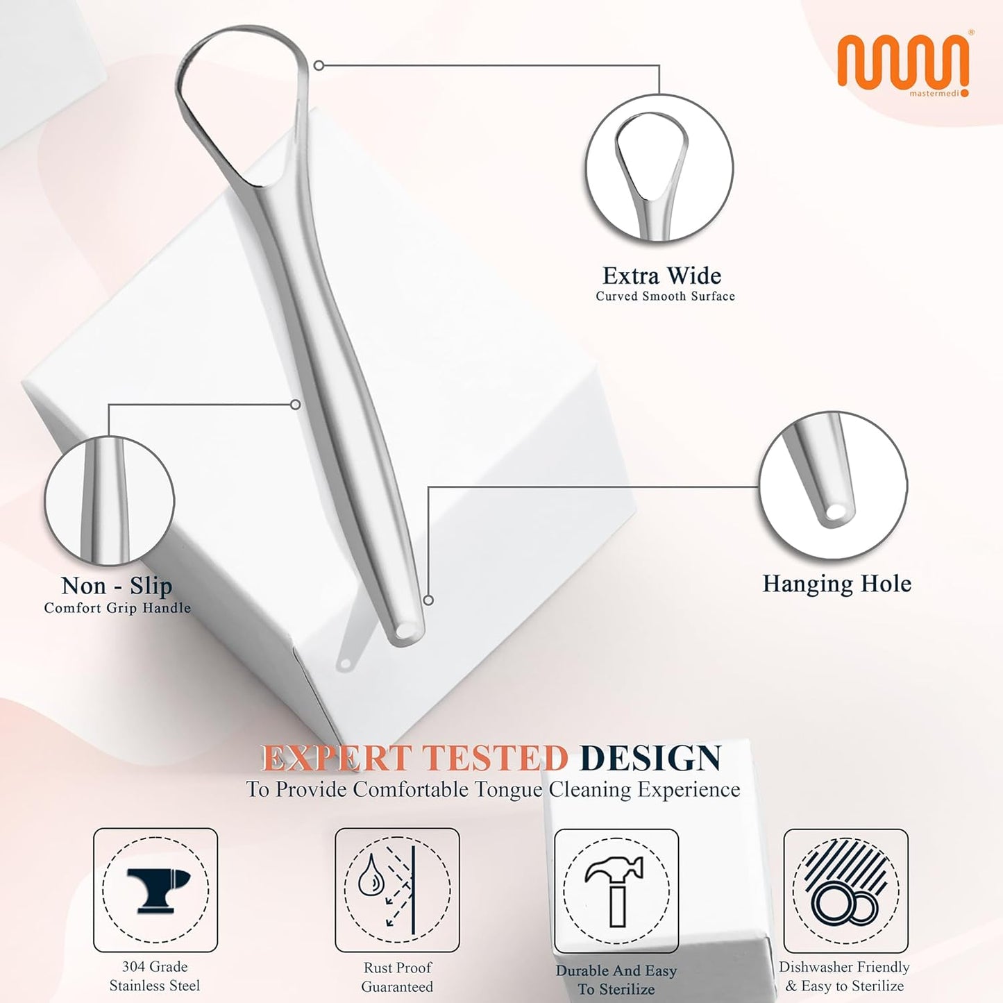 MasterMedi Tongue Scraper for Adults, 100% Stainless Steel Tongue Scrubber for Bad Breath, Easy to Use, Tongue Cleaner for Oral Care & Hygiene (SS Uni|Pack of 2)