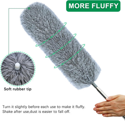 Microfiber Feather Duster with Extendable Pole, 100-inch Extra-Long Dusters Telescoping Cobweb Duster for Cleaning, Bendable and Washable Microfiber Head, Duster for High Ceiling, Fan, Furniture