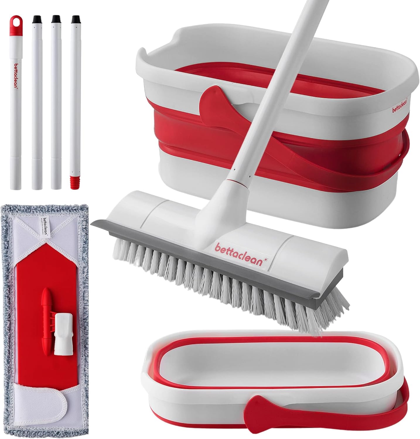 Collapsible Mop and Bucket Set with Wringer, Heavy Duty Scrub Brush, Foldable Mop and Broom for Home, Indoor or Outdoor Cleaning, Patio, Deck, RV, Concrete, and Floor Care by Bettaclean