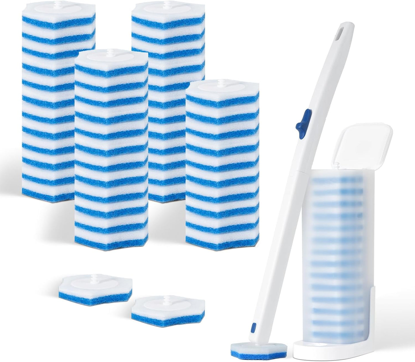 Disposable Toilet Brush Set with Holder, White and Blue, Includes 16 Cleaning Refills (1+16 Refills)
