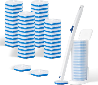 Disposable Toilet Brush Set with Holder, White and Blue, Includes 16 Cleaning Refills (1+16 Refills)