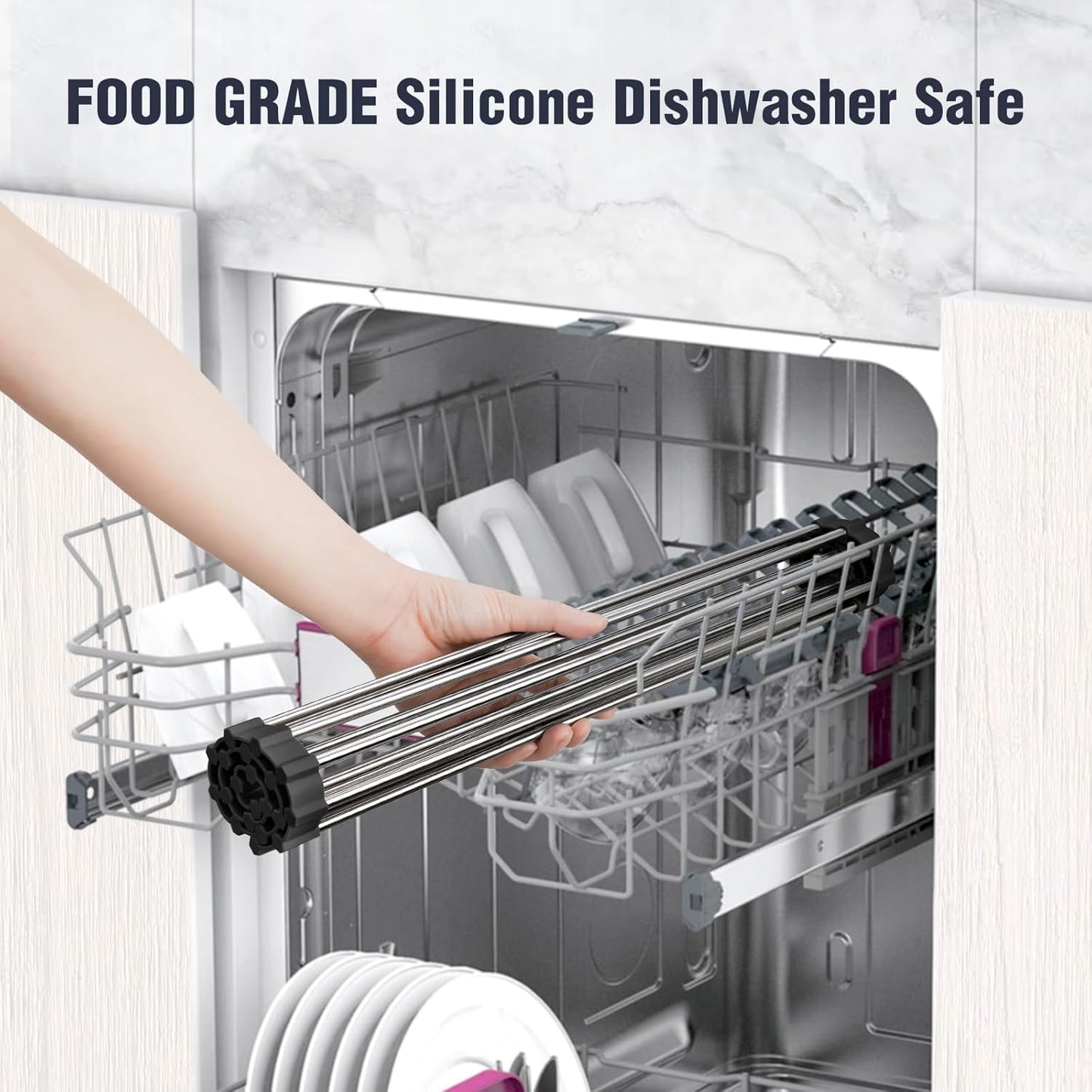 Tomorotec 17.7" x 15.5" Roll Up Dish Drying Rack Over Sink Drying Rack Sink Cover Kitchen Sink Accessories Gadget Multipurpose Organizer Foldable Stainless Steel Drainer (Grey)