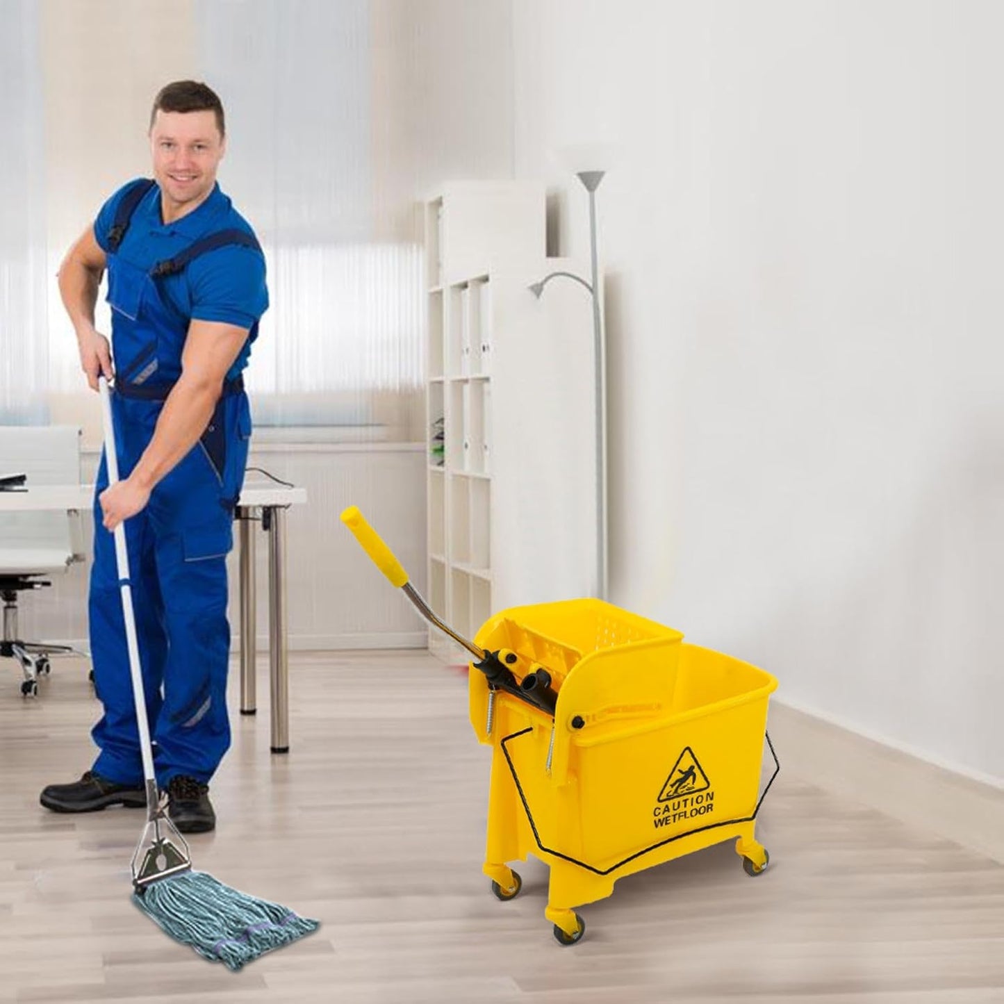 Commercial Mop Bucket with Wringer on Wheels, Mop Bucket with 20 Quarts Side Wringer Combo Mop and Bucket with Wringer Set for Home Office Cleaning, Yellow, AWIH5ER-E5Q