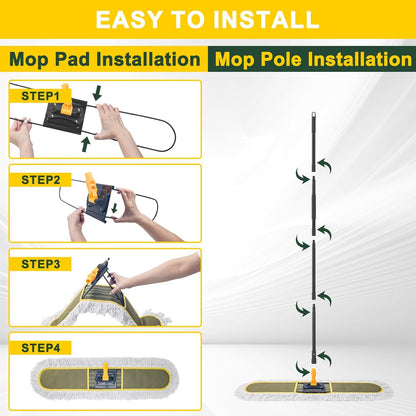 24" Commercial Dust Mops for Floor Cleaning with 2 Replacement Mop Pads, Heavy Duty Large Dust Mop for Hardwood Floors, Industrial Wet Dry Floor Duster for Office Garage Warehouse Factory Mall