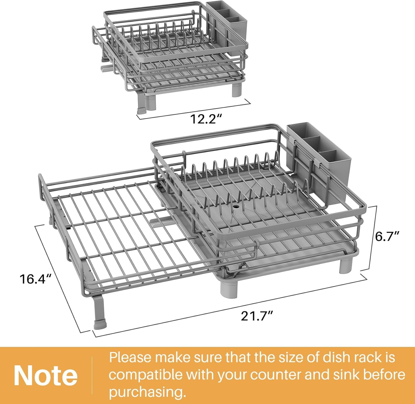 SNTD Dish Drying Rack - Extendable Dish Rack, Large Sink Drying Dish Drainer for Kitchen Counter, Stainless Steel Dish Strainer with Utensil Holder (Black)