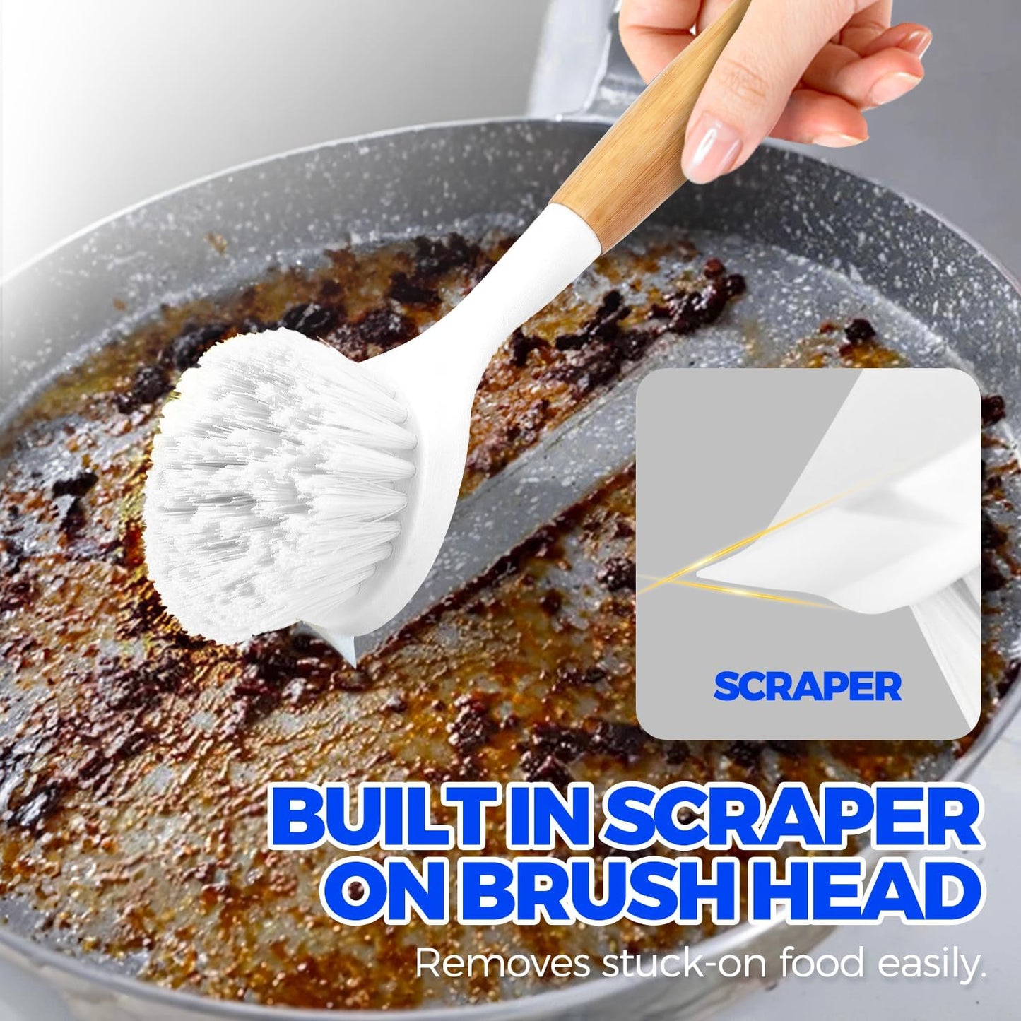 Holikme 3 Pack Dish Brush Set with Bamboo Handle, Kitchen Brushes for Cleaning Pot, Sink and Stove, Skillet Scrubber with Tough Bristles for Cast Iron Grill Pan, Yellow White Black