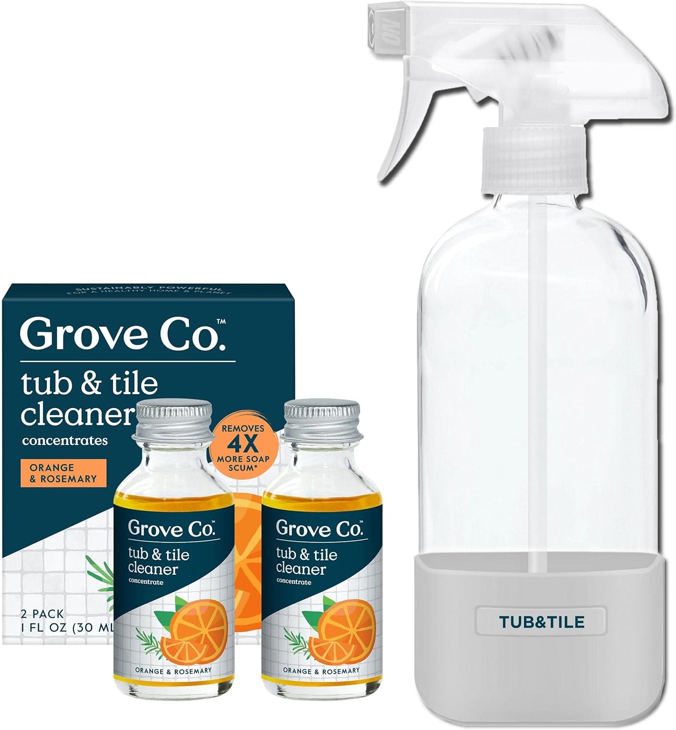 Grove Co. Tub and Tile Cleaner Refill Concentrate (2 x 1 Fl Oz) + 1 x Reusable Glass Spray Bottle (16 Oz) Plant-Based Cleaning Supplies Bundle, No Plastic Waste, Lemon & Eucalyptus Scent