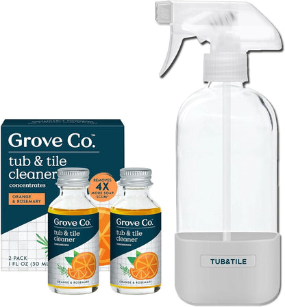 Grove Co. Tub and Tile Cleaner Refill Concentrate (2 x 1 Fl Oz) + 1 x Reusable Glass Spray Bottle (16 Oz) Plant-Based Cleaning Supplies Bundle, No Plastic Waste, Lemon & Eucalyptus Scent