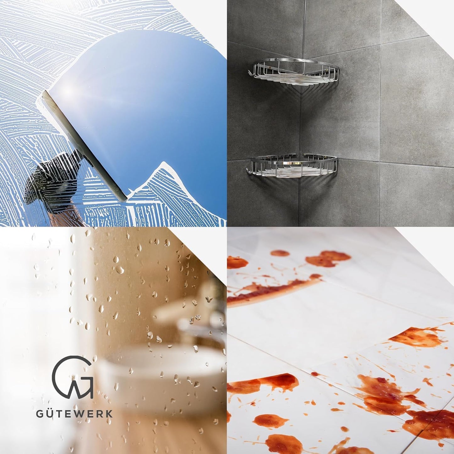 GÜTEWERK Silicone Shower Squeegee for Glass Doors & Mirrors with Stainless Steel Core, Streak-Free & No-Squeak Window Cleaning, 3-in-1 No-Drill Mount (Hook/Suction/Adhesive), Black, 9''