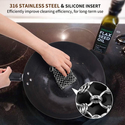 Herda Chain Mail Cast Iron Cleaner Scrubber,316 Chainmail Pan Scrubber Metal Cleaning Brush, Pad, Sponge Scraper to Clean Skillet,Dutch Oven, Wok,Grill Griddle,Chain Link Scrub Brush Pot Care Kit