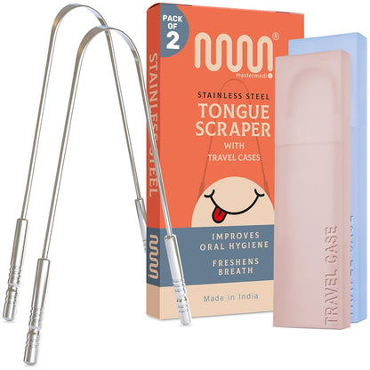 MasterMedi Tongue Scraper for Adults, 100% Stainless Steel Tongue Scrubber for Bad Breath, Easy to Use, Tongue Cleaner for Oral Care & Hygiene (SS Uni|Pack of 2)