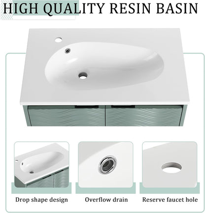 SSLine Modern 24-Inch Bathroom Vanity with Sink Wall Mounted Bathroom Vanity with Top Basin & Storage Cabinet White Wood Floating Vanity w/Ceramic Sink & Gold/Black Handles for Small Space