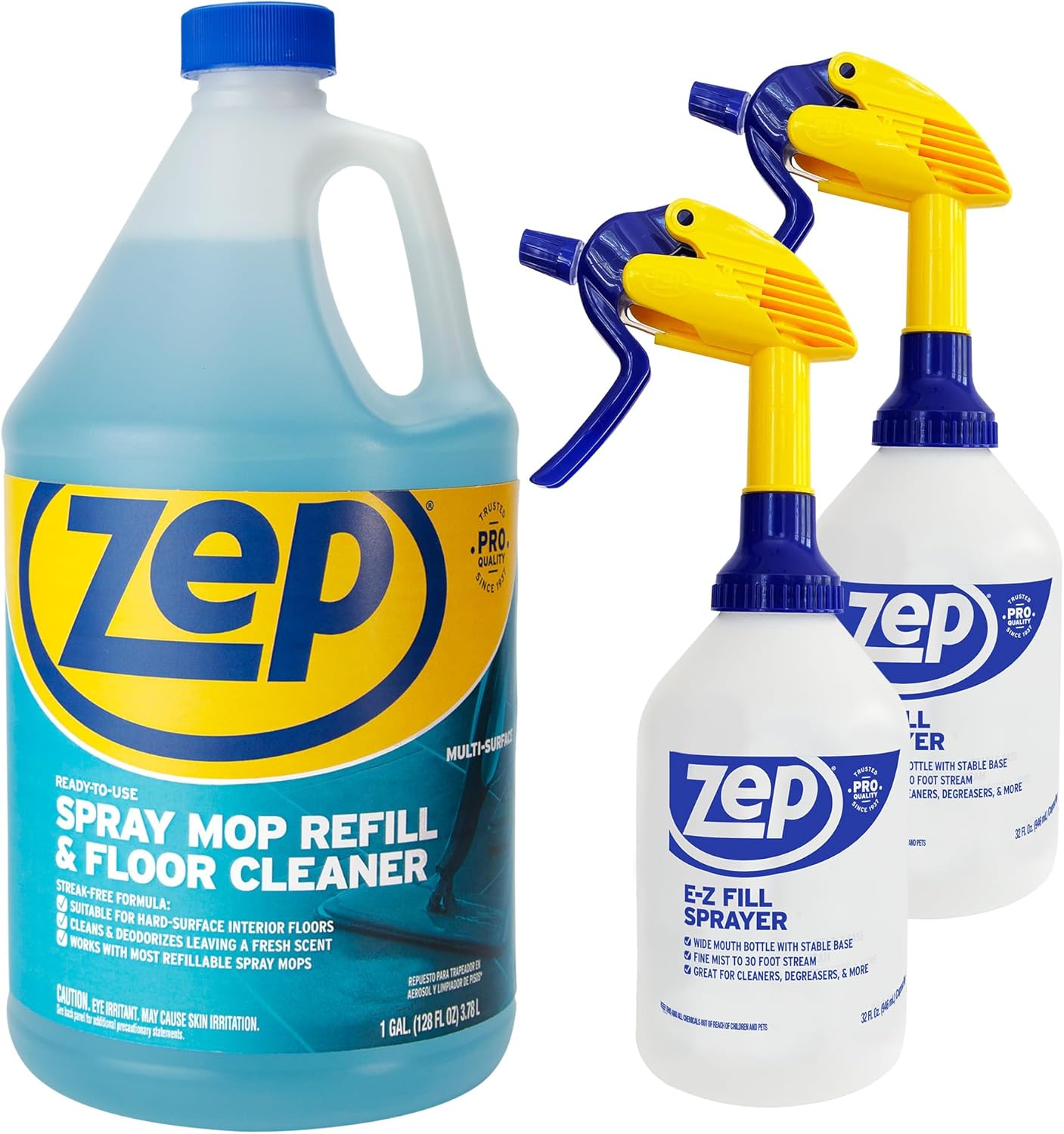 Zep Spray Mop Refill & Floor Cleaner – Streak-Free Shine for Hard Floors – 1 Gallon E-Z Fill Sprayer 2-Pack – Bundle