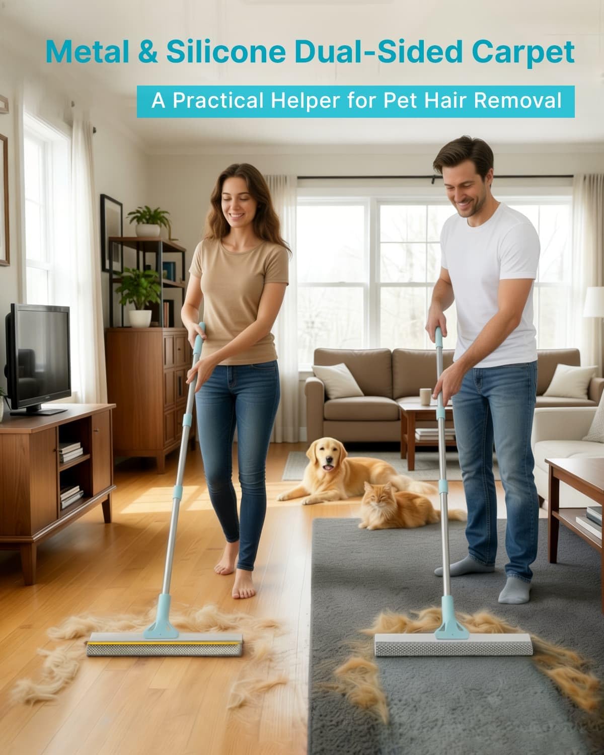 Carpet Rake for Pet Hair Removal, Upgraded Reusable Carpet Scraper Broom with 54” Adjustable Long Handle, Dual-Sided Metal & Silicone Brush, Cat & Dog Hair Remover Tool for Rugs, Mats, Stairs