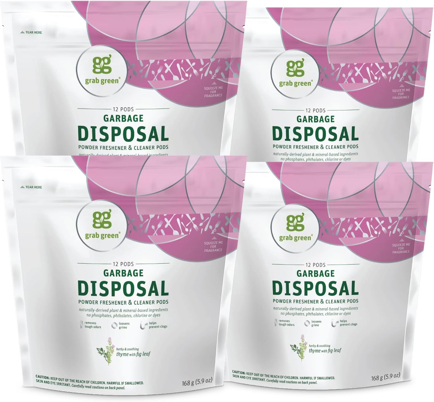 Grab Green Naturally-Derived, Tangerine with Lemongrass, 12 Pods (4-Pack), Mineral-Based Garbage Disposal Cleaner & Freshener