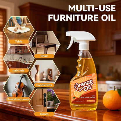 2-in-1 Furniture Polish Wood Cleaner - 2Pack Natural Orange Oil Spray Protect Wood Surface Safely, Enhanced Furniture Restorer Finish Cabinets, Tables, Antique, Floor, 32oz Total