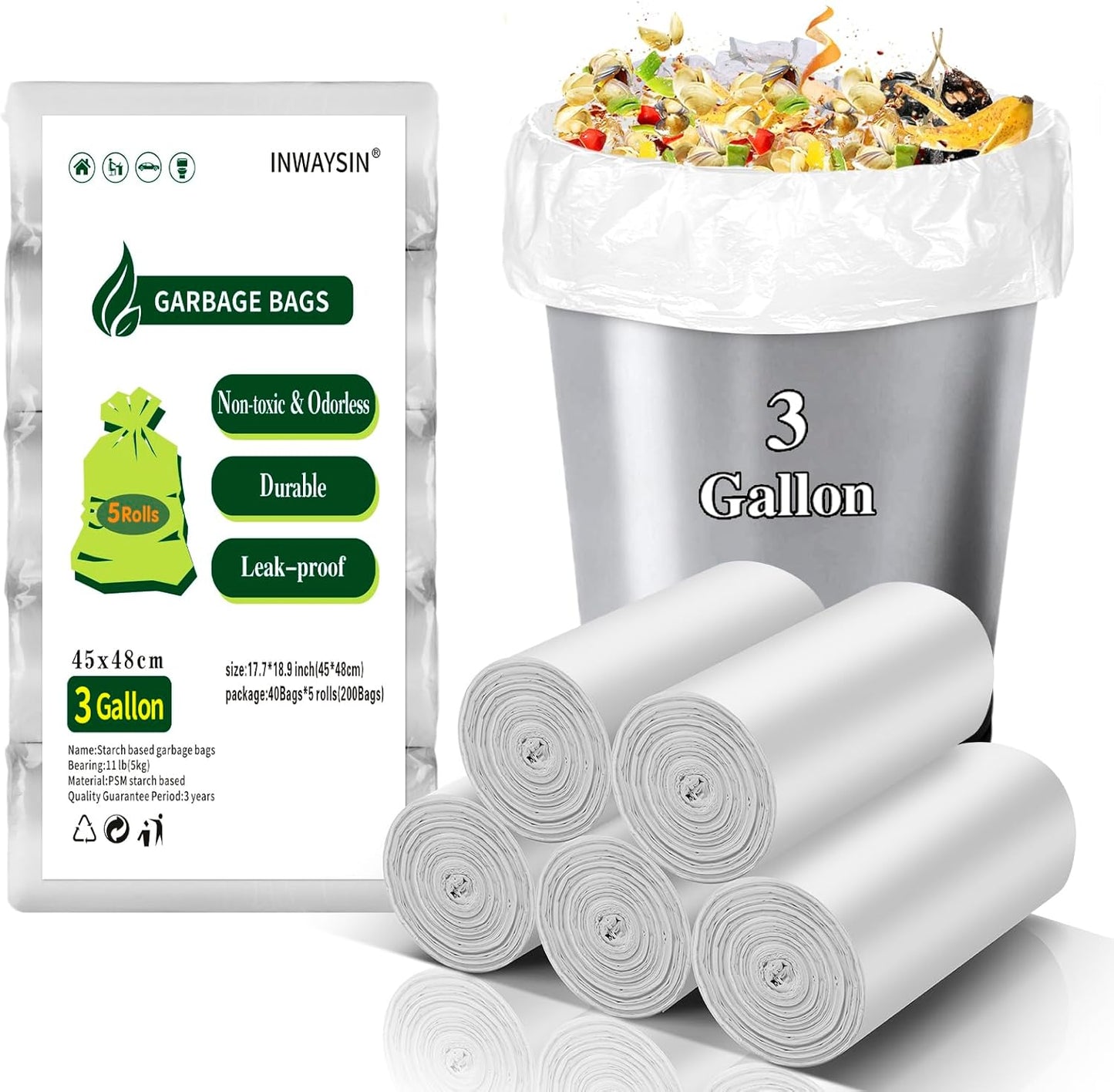 Small Trash Bags, Inwaysin Small Garbage Bags 4-6 Gallon Biodegradable Can Liners Thicken, Size Expanded, White 200 Counts