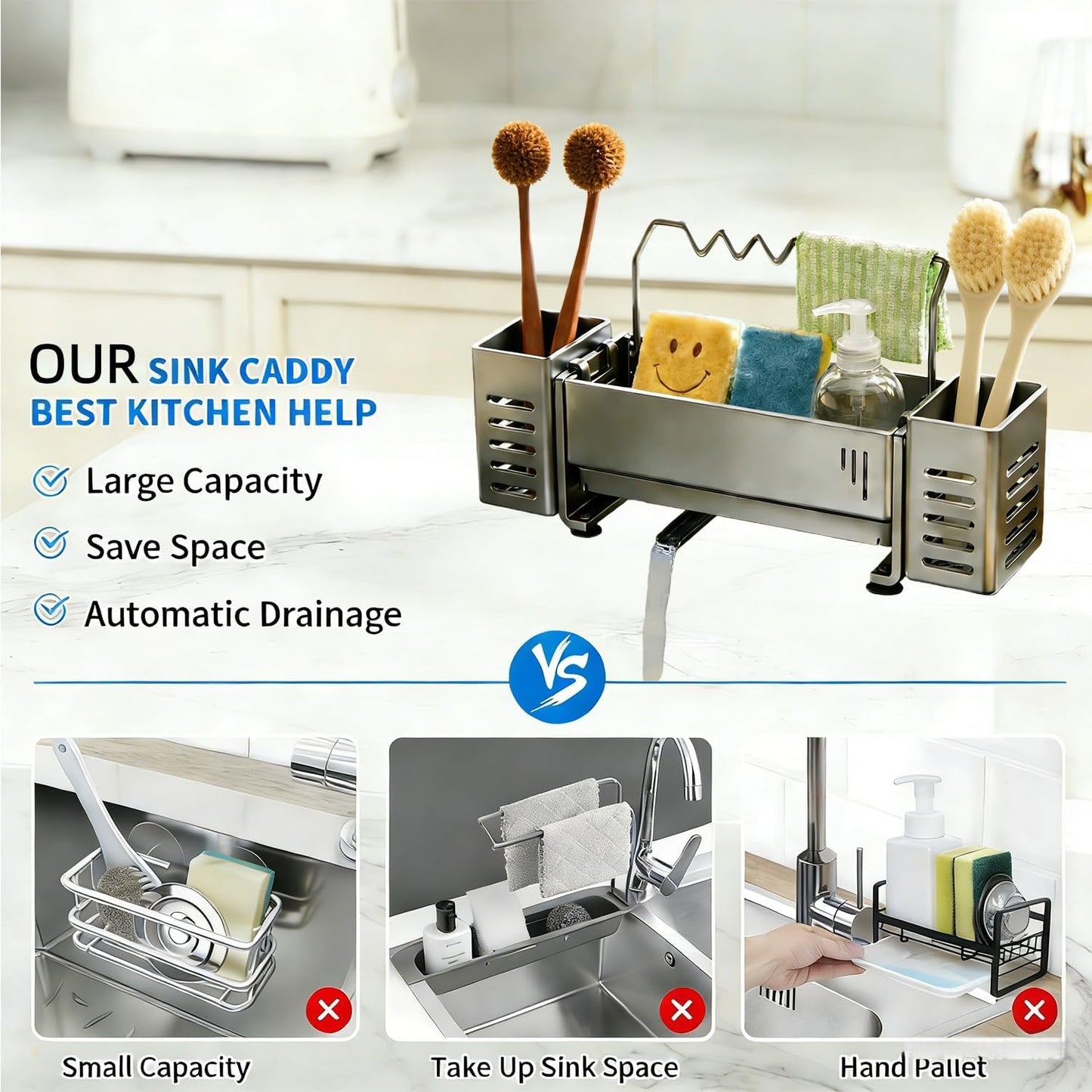 Sponge Holder for Kitchen Sink, Sink Caddy Organizer with 2 High Brush Holder, Kitchen Countertop Organizers and Storage Essentials, Self-draining Sponge Caddy Soap Dispenser Organizer (Gray)