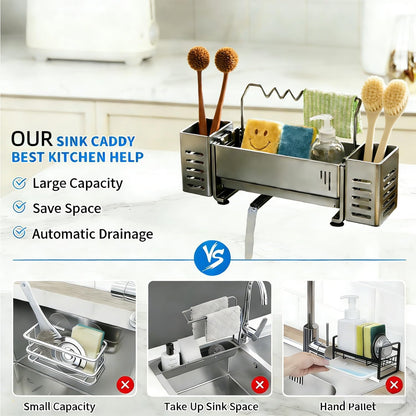 Sponge Holder for Kitchen Sink, Sink Caddy Organizer with 2 High Brush Holder, Kitchen Countertop Organizers and Storage Essentials, Self-draining Sponge Caddy Soap Dispenser Organizer (Gray)