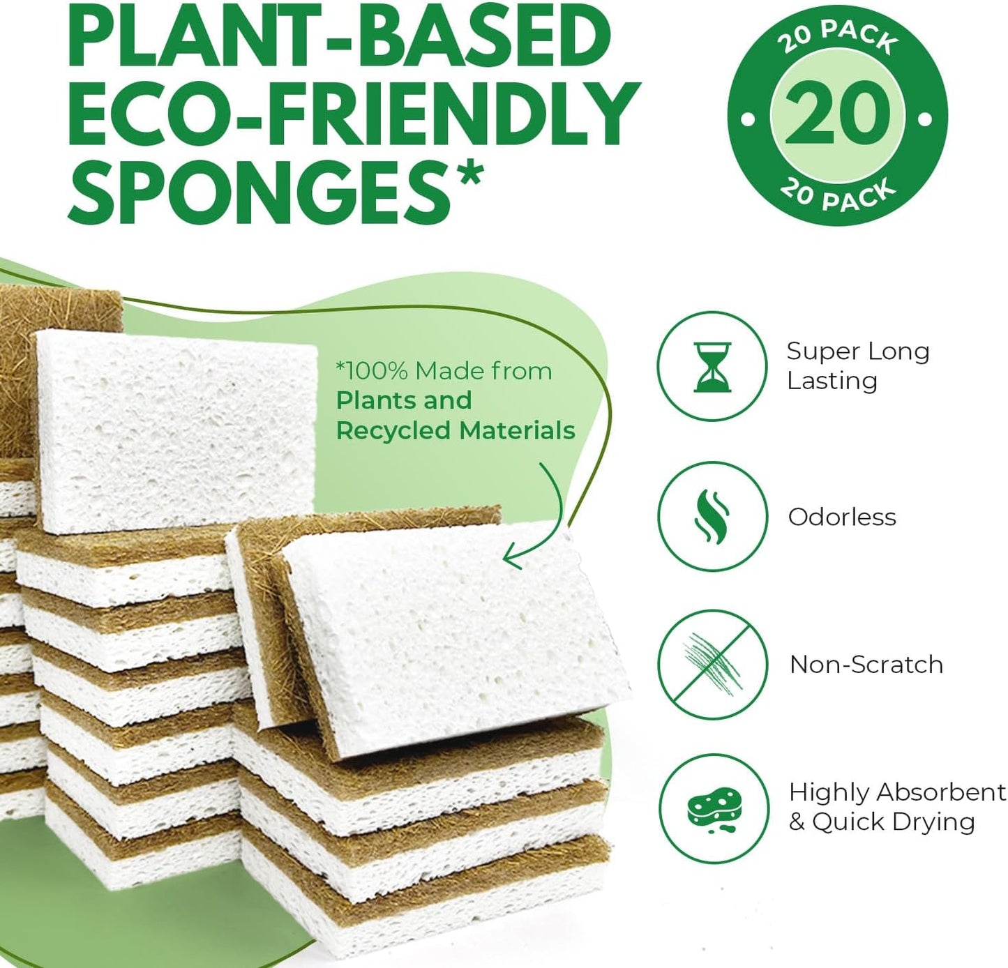 AIRNEX Biodegradable Natural Kitchen Sponges Pack of 6 - Cellulose and Coconut Walnut Scrubber Sponge - Eco Friendly Sponges for Dishes