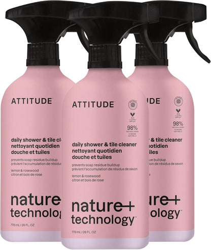 ATTITUDE Shower & Tile Cleaner Spray, EWG Verified, Bathroom Cleaner Removes Soap Scum & Grime, Plant-Based & Vegan, Lemon & Rosewood Scent, 26 Fl Oz