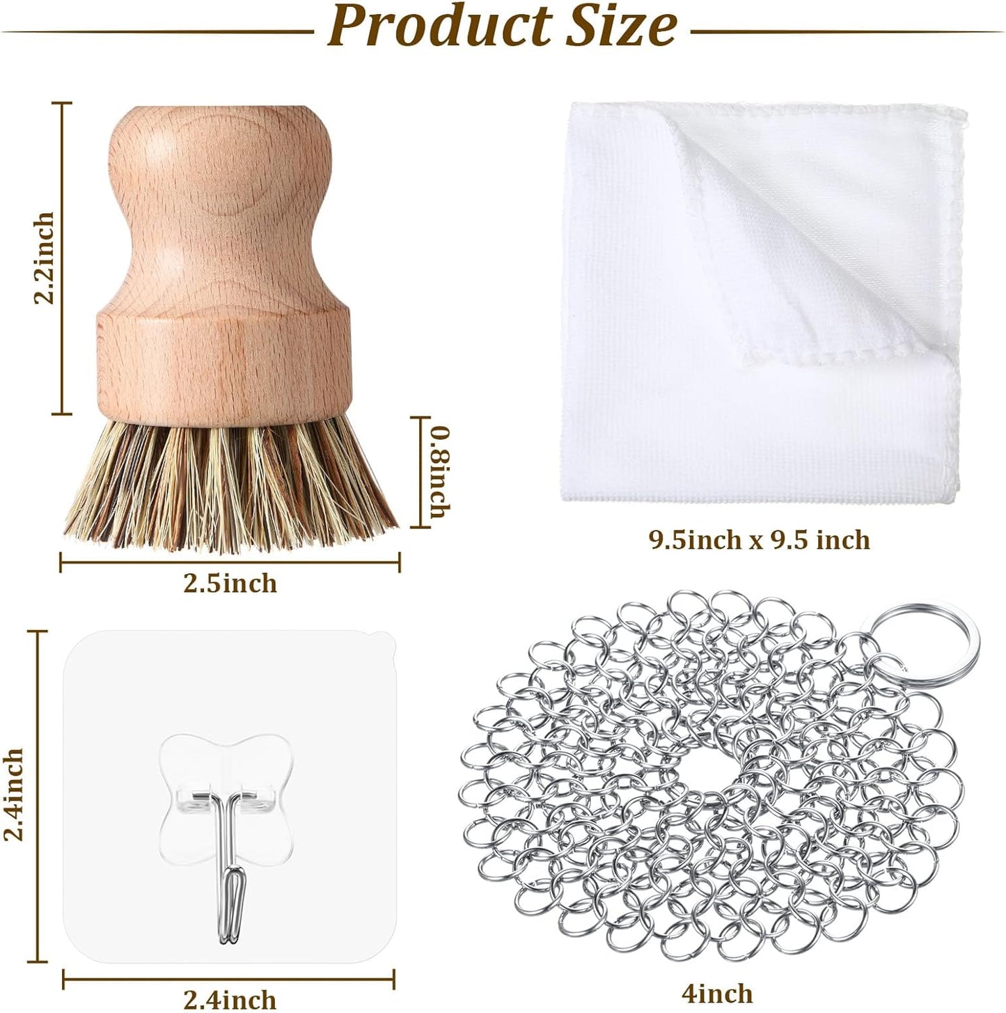 Patelai 7 Pieces Cast Iron Cleaner Set Include Stainless Steel Chainmail Scrubber with Bamboo Dish Scrub Brush Hot Handle Holder 2 Pan Grill Scrapers Kitchen Towel Wall Hook (Bright Color)