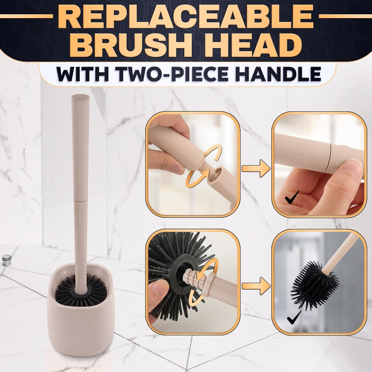 Toilet Brush and Holder Set - Silicone Toilet Brush Cleaner with Dark Grey Holder Base, Compact Accessory for Small Spaces - Easy to Place & Simple to Store After Use, Plastic Bathroom Cleaning Tool
