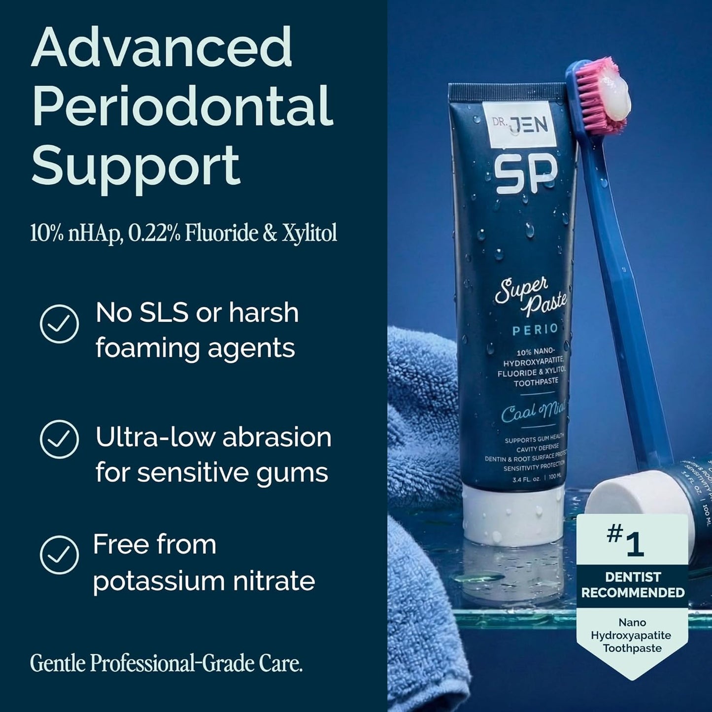 Dr. Jen Super Paste Perio Toothpaste, Cool Mint, Fluoride + 10% Premium Nano Hydroxyapatite, Xylitol, SLS Free, Low Abrasivity, Aloe + Calendula, Dentist Designed, Fresh Clean Feel, 1 Pack