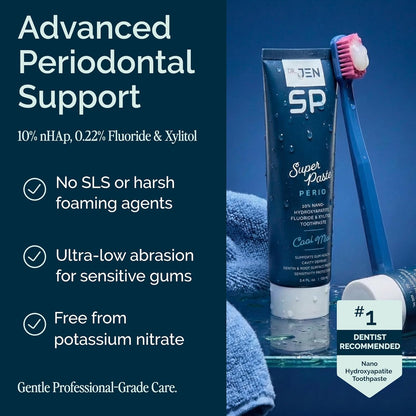 Dr. Jen Super Paste Perio Toothpaste, Cool Mint, Fluoride + 10% Premium Nano Hydroxyapatite, Xylitol, SLS Free, Low Abrasivity, Aloe + Calendula, Dentist Designed, Fresh Clean Feel, 1 Pack