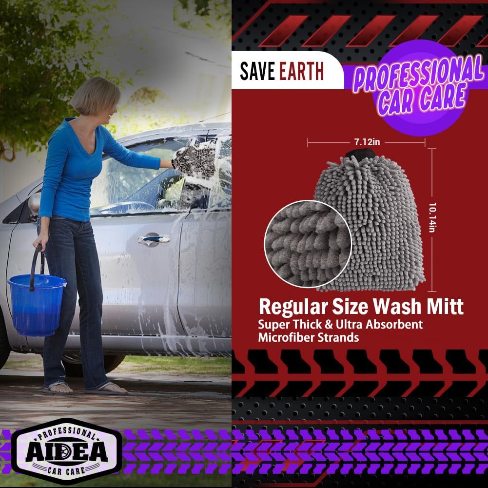 AIDEA Car Wash Mitt Microfiber, 2PK Scratch Free Lint-Free, Premium Chenille Microfiber Mitt Car Wash Brush, Green, Regular Size 7.12''X10.14''