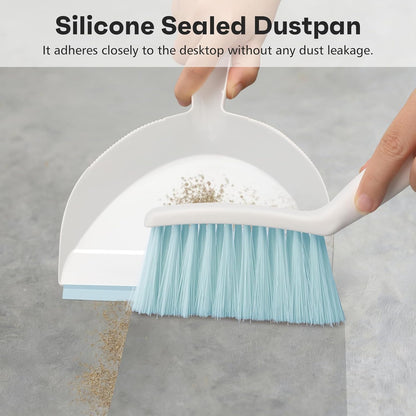 NACENA Mini Broom and Dustpan Set, Small Dust Pan and Brush Set with Handle Dustpan Teeth for Cleaning Hair Suitable for Office Desks Drawers Sofas Outdoor Camping, Light & Purple
