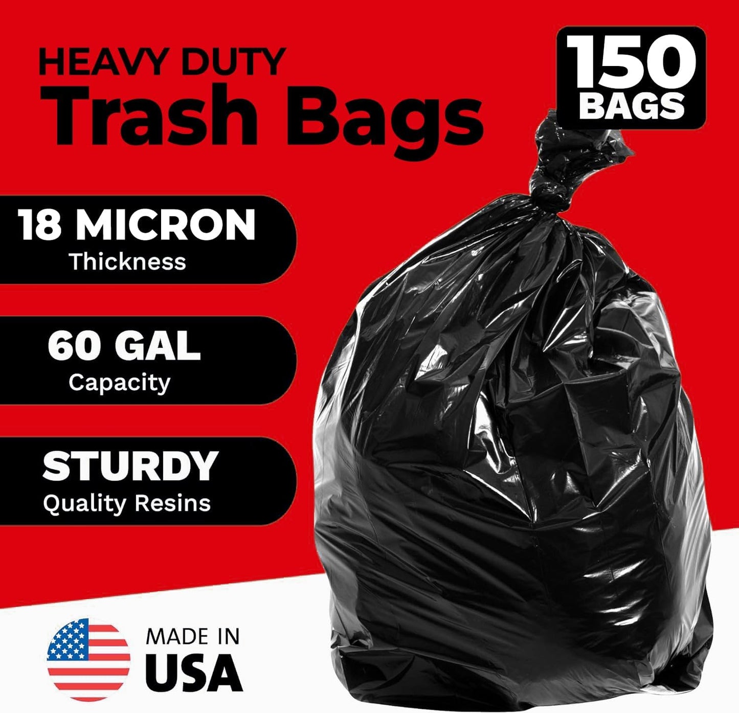 ToughBag 55-60 Gallon Heavy Duty Trash Bags - 150 Count, Large Black Garbage Bags - Made in USA