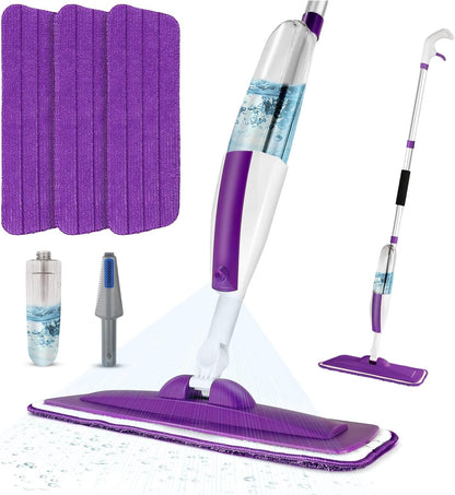 Spray Mops for Floor Cleaning Floor Mop with a Refillable Spray Bottle and 3 Washable Microfiber Pads Home or Commercial Use Dry Wet Flat Mop for Hardwood Laminate Wood (Purple)