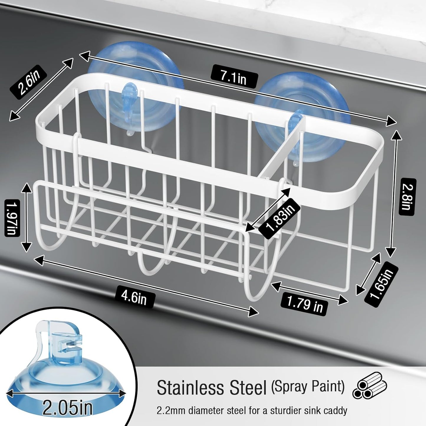 3-in-1 Kitchen Sink Caddy Organizer with Sponge Holder, Brush Holder, Extra Rack for Scrubber, Sink Stopper, Dish Cloth Hanger - Strong Dual Suction Cup, 2.0mm SUS304 Stainless Steel - Grey