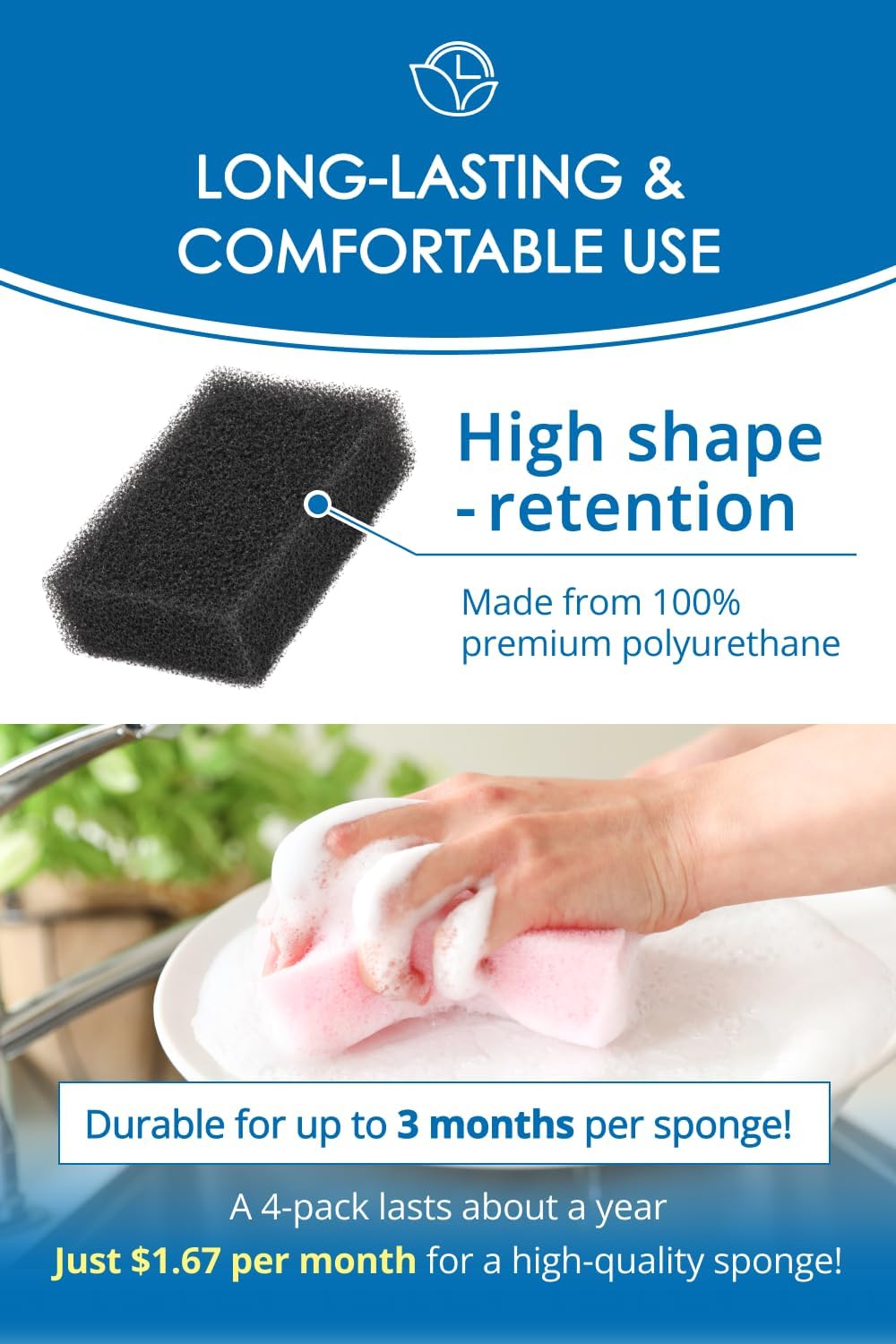 SunSun Sponge Kitchen Sponges, Made in Japan All Surface Scratch-Free Odor Resistant Durable Long-Lasting Sponge for Dishwashing, Pastel Color, 4 Count