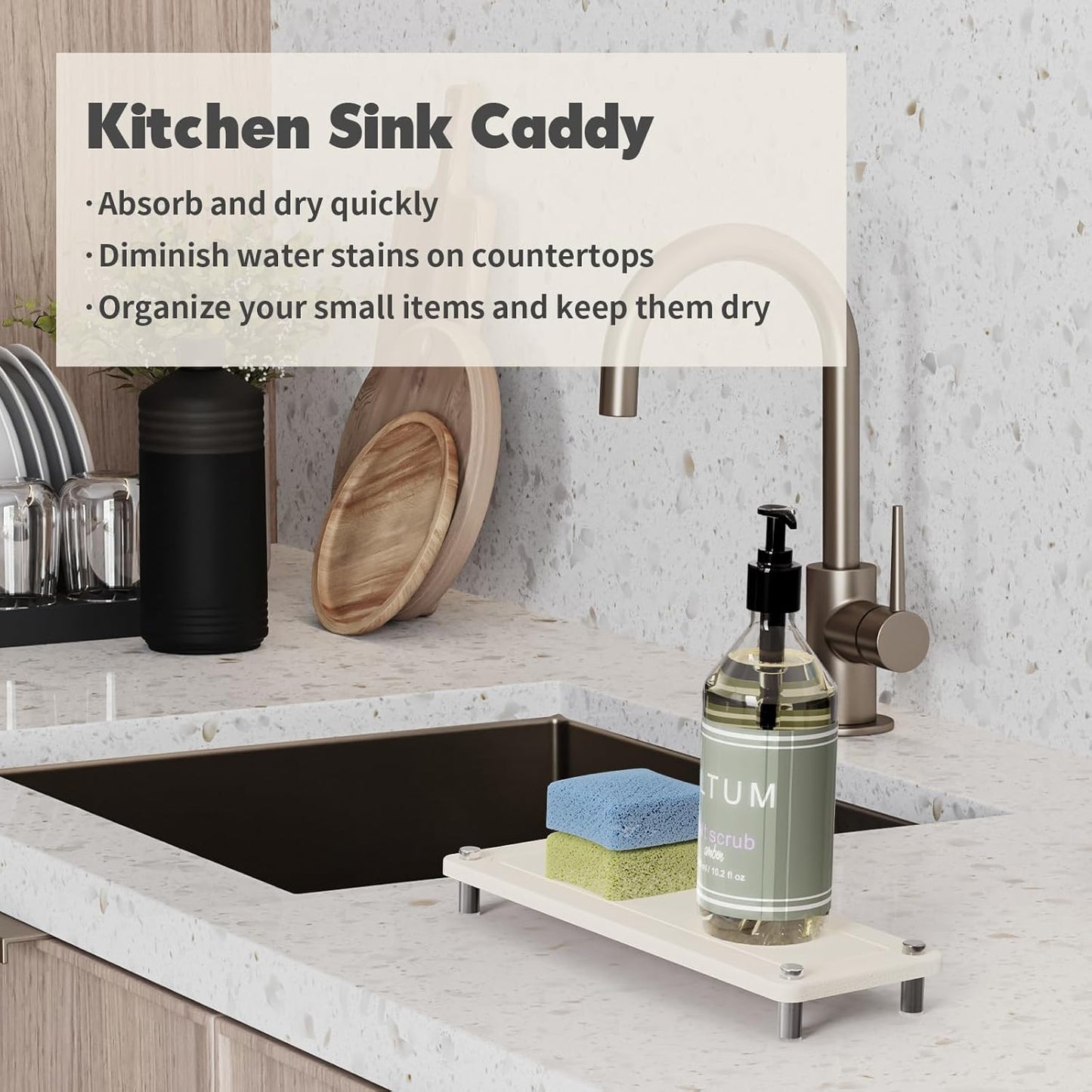 Kitchen Sink Caddy Water Absorbing Stone Tray For Sink, Diatomite Bathroom Countertop Tray Organizer, Faucet Stone Drying Mat Coaster Soap Dish Sponge Dispenser Holder (Grey)