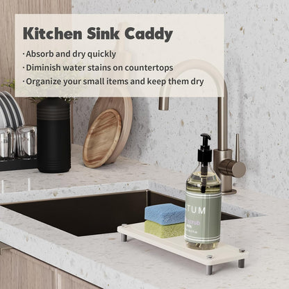 Kitchen Sink Caddy Water Absorbing Stone Tray For Sink, Diatomite Bathroom Countertop Tray Organizer, Faucet Stone Drying Mat Coaster Soap Dish Sponge Dispenser Holder (Grey)