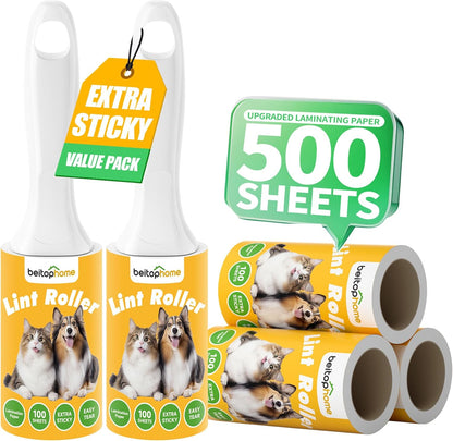 Extra Sticky Lint Roller for Pet Hair, 600 Sheets with 2 Reinforced Handles, Heavy Duty Lint Roller for Clothes, Couch, Furniture & Car