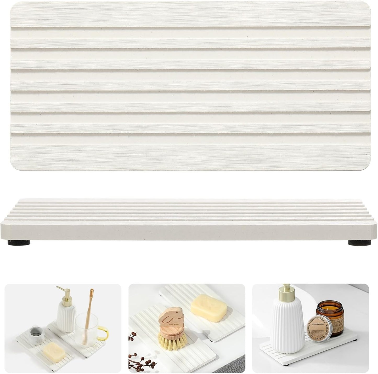 2PCS Water Absorbing Stone Drying Tray Mat for Bathroom Sink & Kitchen Counter Faucet Organizer, Quick Dry Dish Rack Soap Dispenser Sponge Holder, Vanity Sink Caddy Bar Coaster, Ivory White 8“x 4”