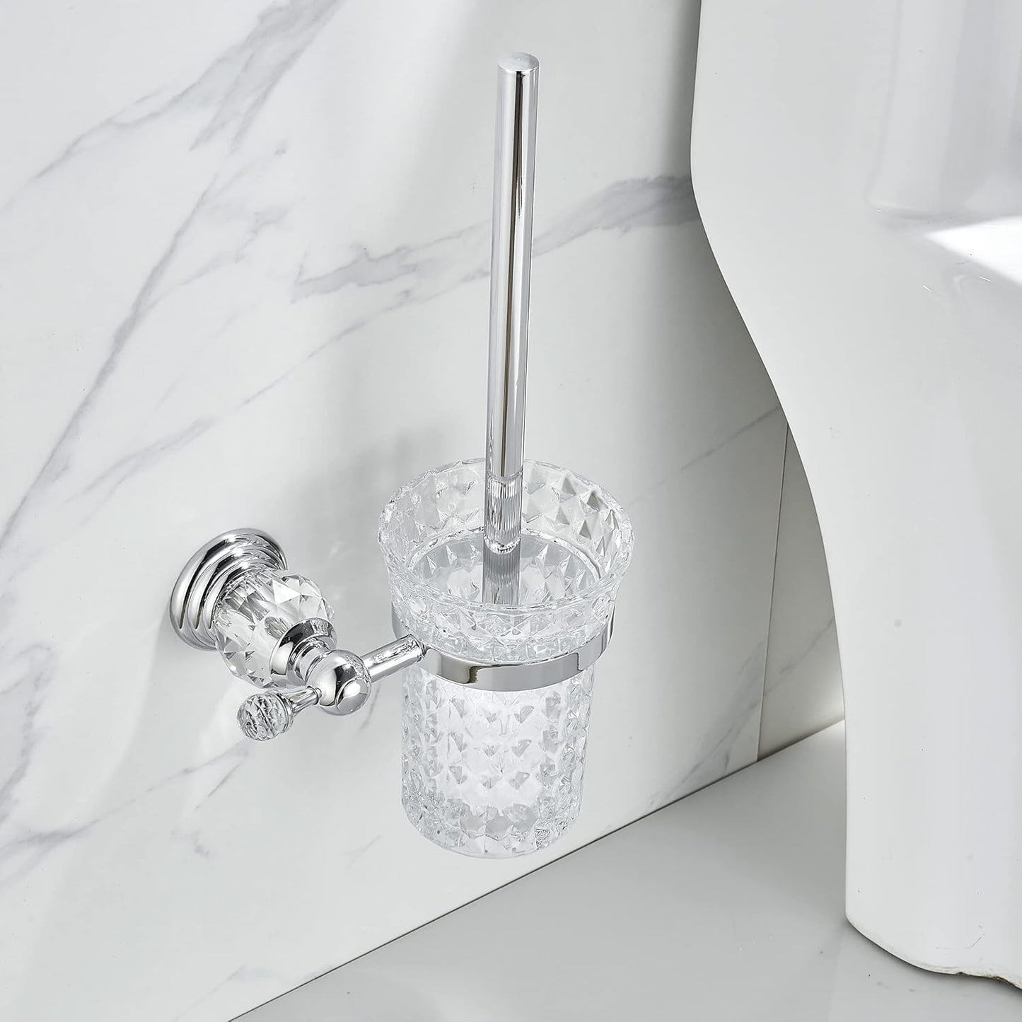 WOLIBEER Crystal Toilet Brush Holder, Polished Gold Brush Handle with Replaceable Brush Head, Stainless Steel Bathroom Cleaning Set Wall Mounted
