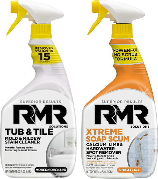 RMR Bathroom Breakthrough Bundle – Tub & Tile Cleaner + Xtreme Soap Scum Remover, 2-Step Deep Clean System for Shower, Tub, Tile, Grout, & Glass Buildup, Stains, & Grime, 2–32 Oz Bottles
