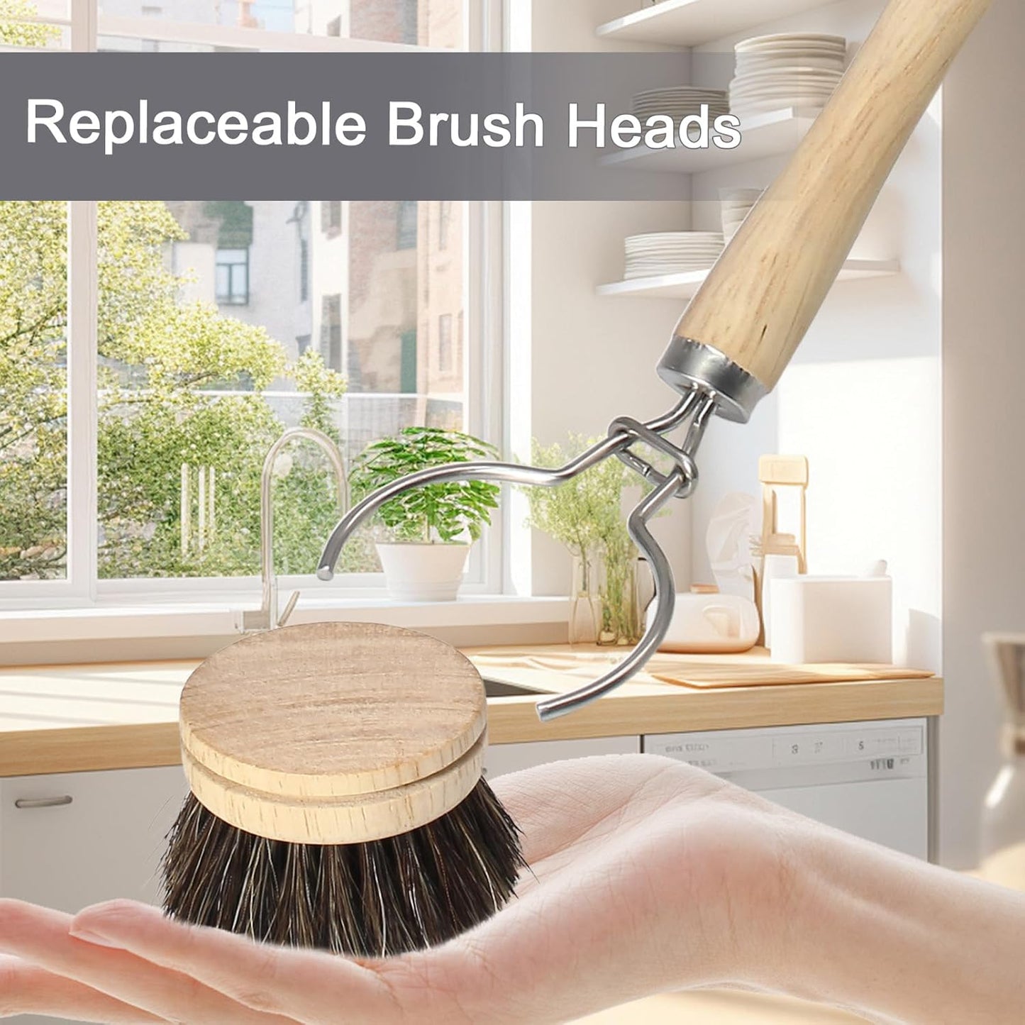 Wooden Dish Brush Set, 4 Natural Bristle Replacement Heads with 1 Sturdy Wooden Handle, Sisal Kitchen Scrub Brush for Pots, Pans, Vegetables and Cookware