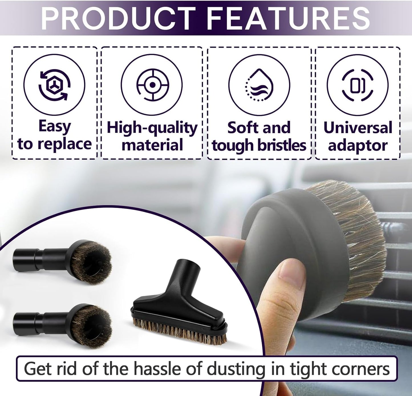3PCS Horse Hair Brush Vacuum Attachment Set - Black Round Horse Hair Vacuum Attachments & Brushes - Shop Vac Brush Attachment for Most Vacuum Cleaners Accessories - 1 1/4" Vacuum Attachments Included