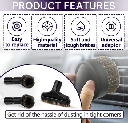 3PCS Horse Hair Brush Vacuum Attachment Set - Black Round Horse Hair Vacuum Attachments & Brushes - Shop Vac Brush Attachment for Most Vacuum Cleaners Accessories - 1 1/4" Vacuum Attachments Included